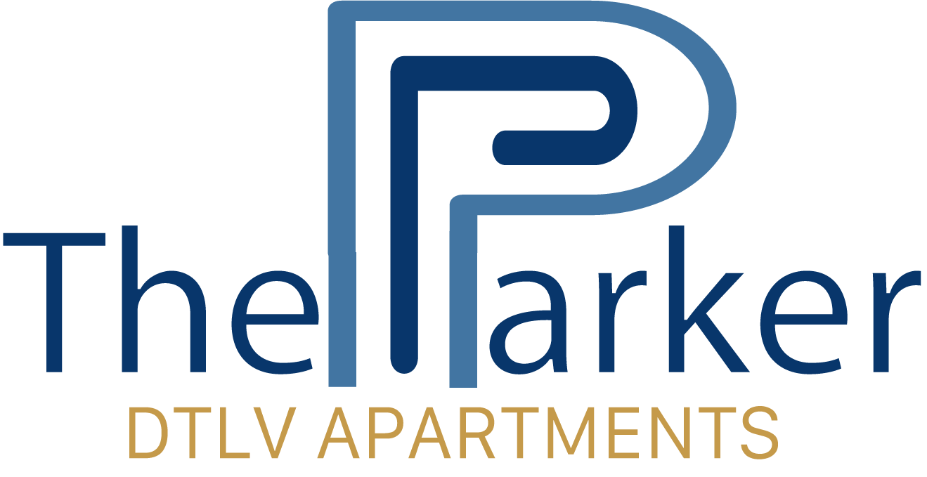 The Parker apartments logo with a dark background.